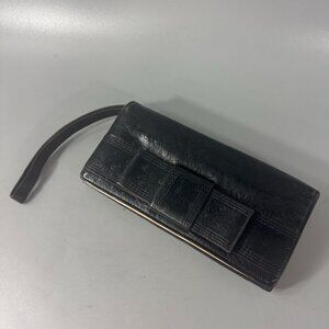 Kate Spade New York Ostrich Embossed Black Leather Wallet/Wristlet w/ Large Bow